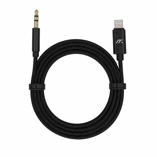 Black audio cable with 3.5mm and USB-C connectors on a white background