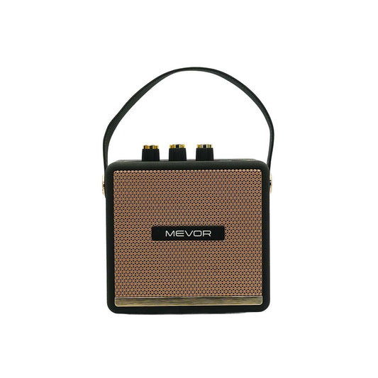 Portable speaker with MEVOR branding on a white background