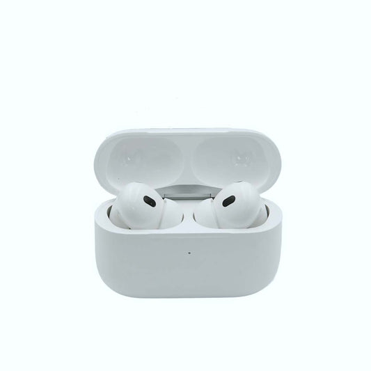 White wireless earbuds in a matching charging case on a white background