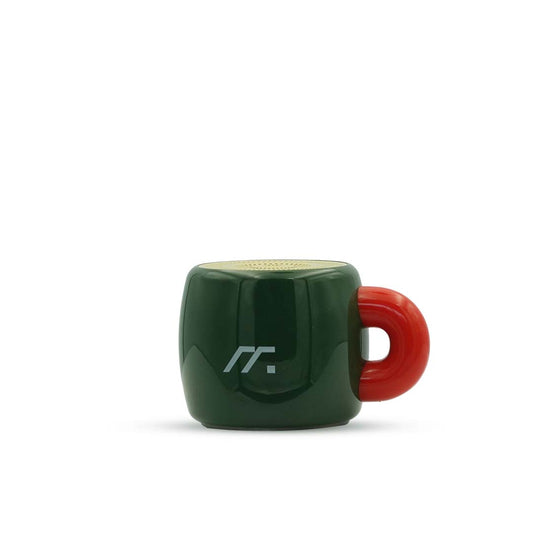 Green and red bluetooth speaker with a logo on a white background