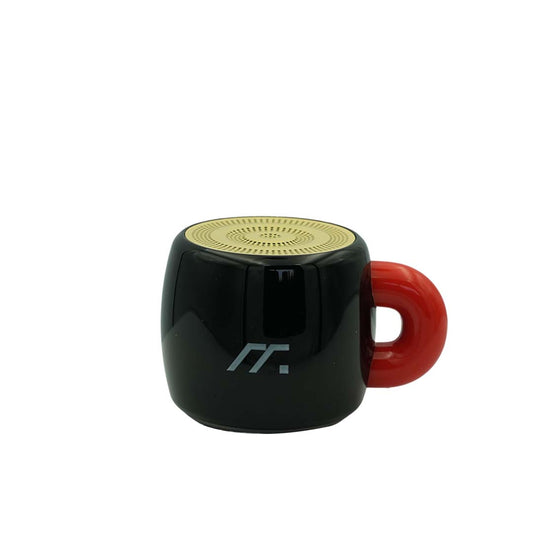 Black and red mug-shaped Bluetooth speaker on a white background