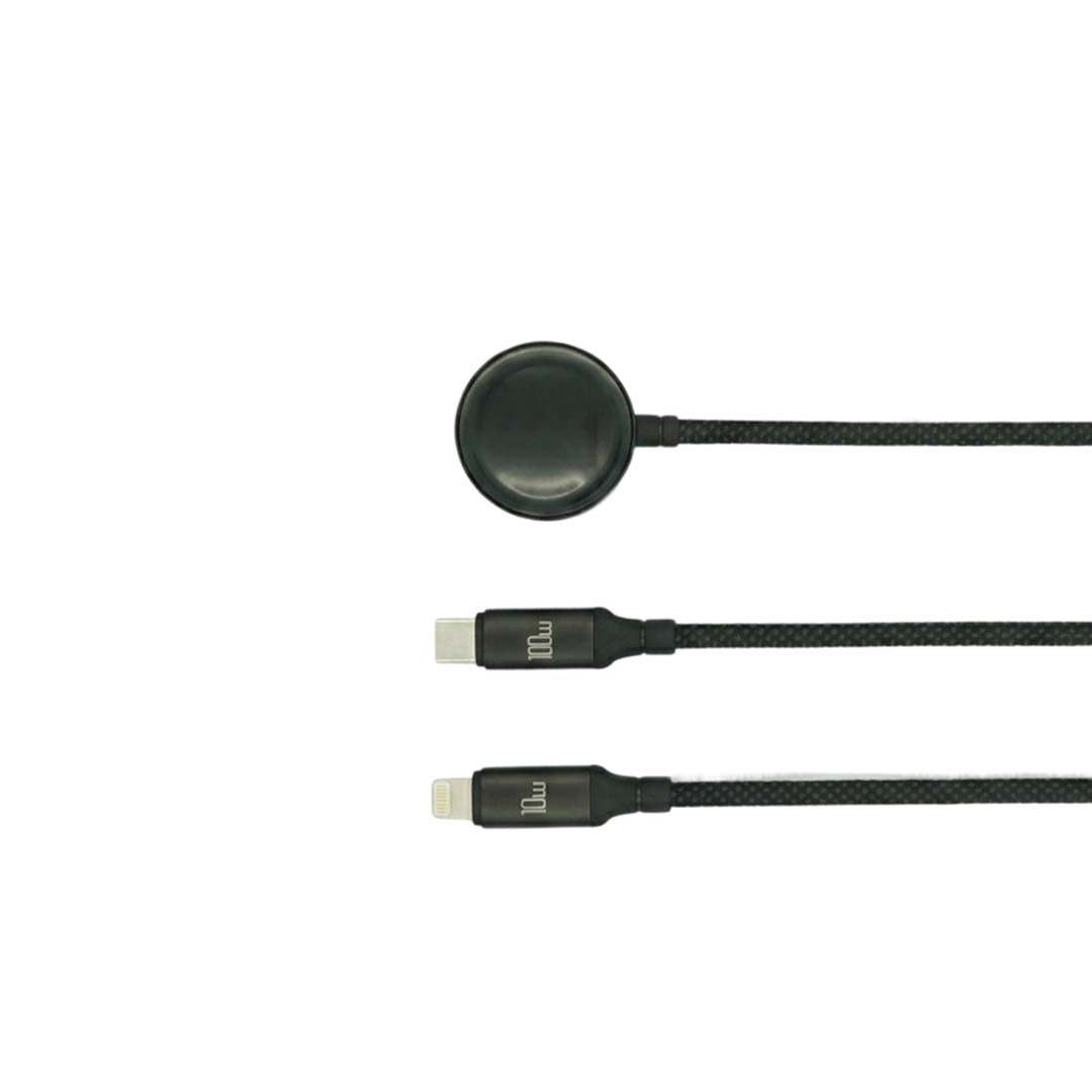 Black multi-device cable with different connectors on a white background