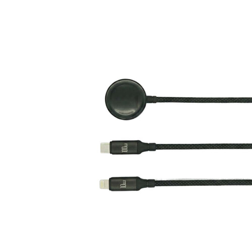 Black multi-device cable with different connectors on a white background