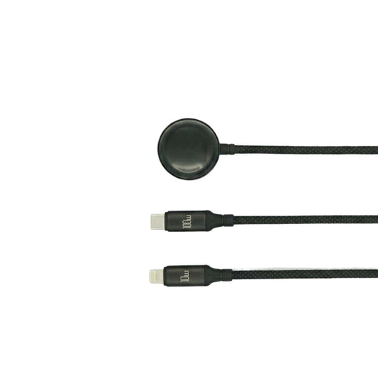 Black multi-device cable with different connectors on a white background
