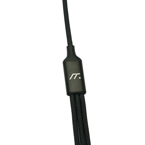Black braided cable with a Mevor branded connector on a white background