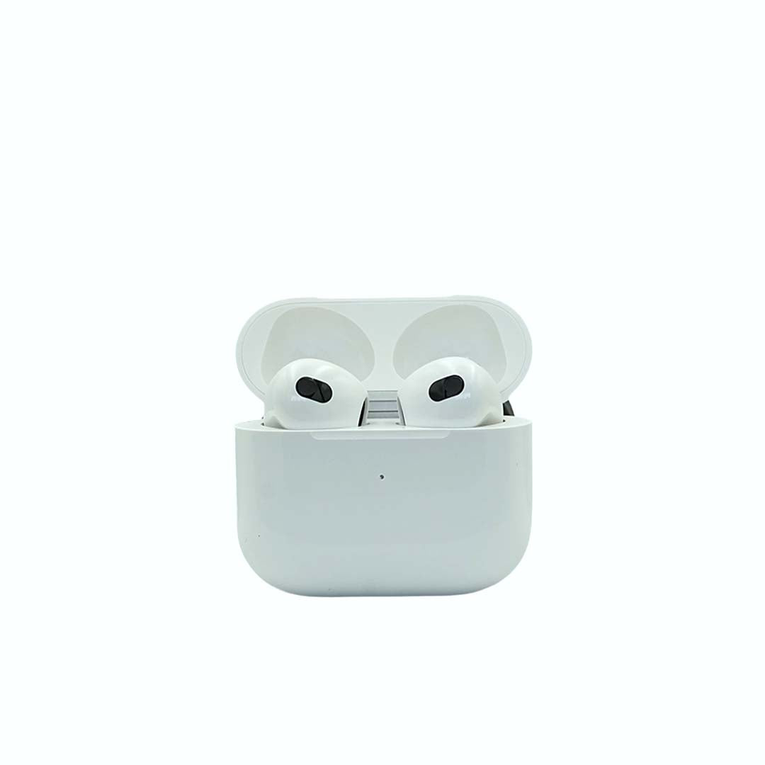 White wireless earbuds in a charging case on a white background