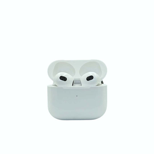 White wireless earbuds in a charging case on a white background