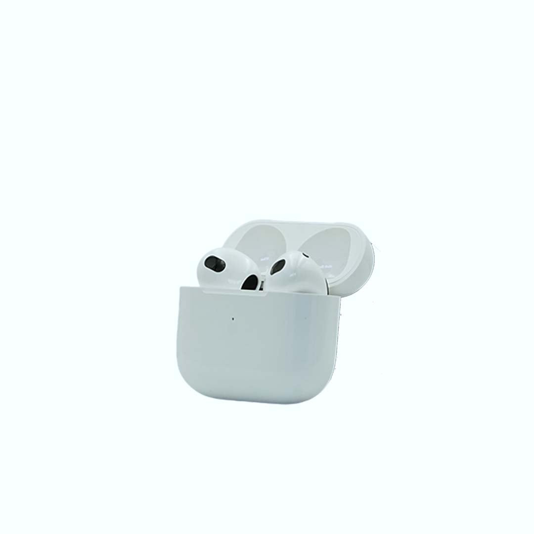 White wireless earbuds in a charging case on a white background
