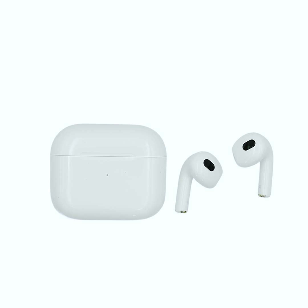 White wireless earbuds with charging case on a white background
