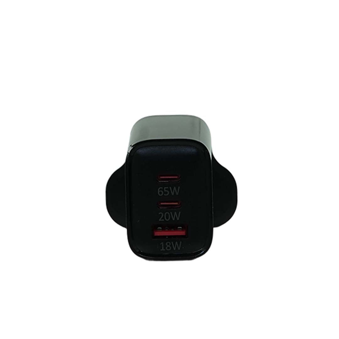 Black charger adapter with power output indicators on a white background