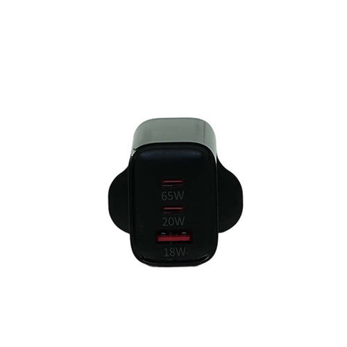 Black charger adapter with power output indicators on a white background