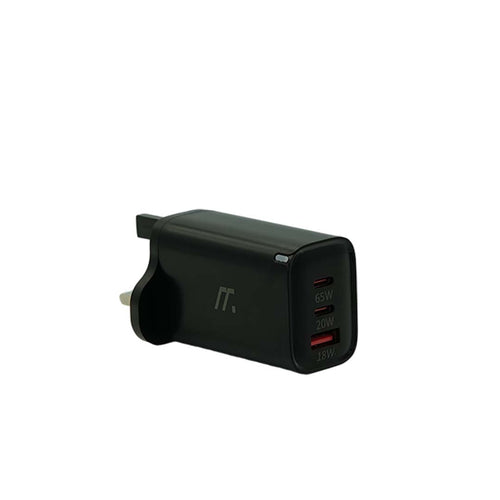 Black USB charger with multiple ports on a white background