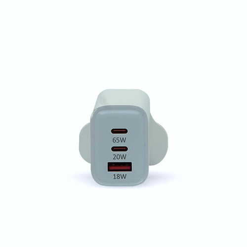 white USB charger with power output ratings on a white background