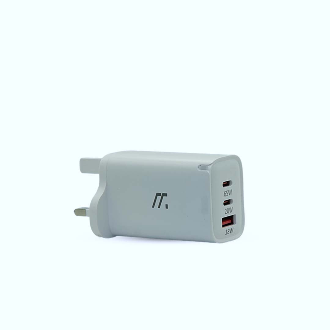 White power adapter with multiple ports on a white background