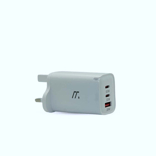 White power adapter with multiple ports on a white background