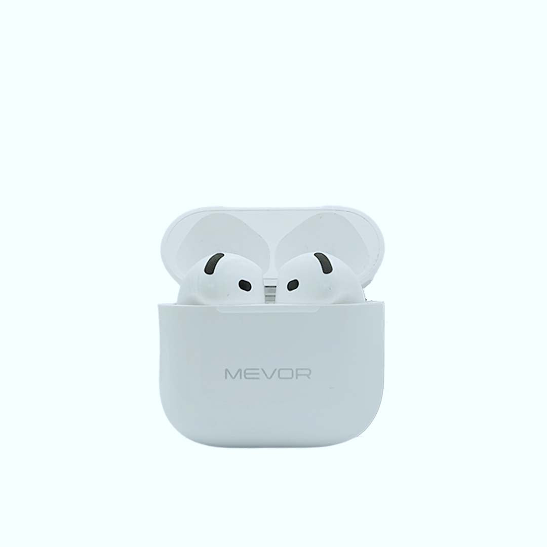 White wireless earbuds in a matching case on a white background with 'MEVOR' branding.