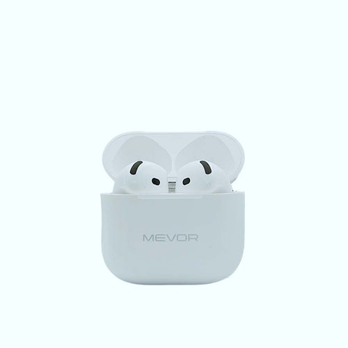 White wireless earbuds in a matching case on a white background with 'MEVOR' branding.