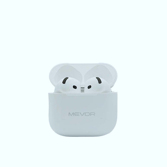 White wireless earbuds in a matching case on a white background with 'MEVOR' branding.