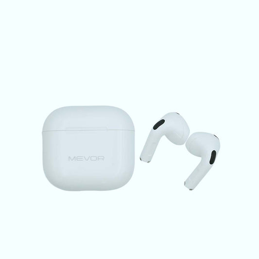 White wireless earbuds with charging case on a white background, featuring the MEVOR brand.
