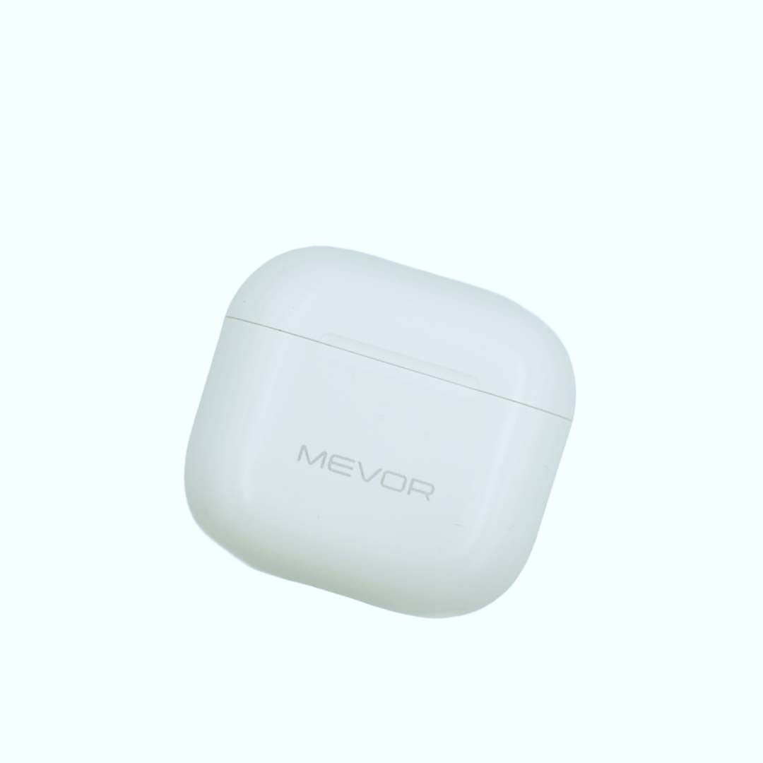 White MEVOR wireless earbud case on a white background
