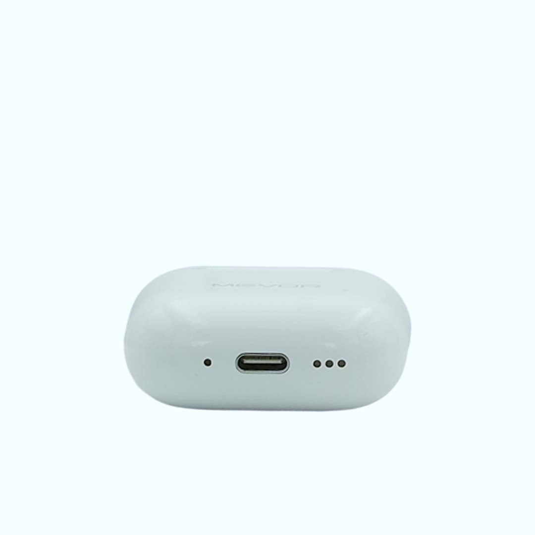 White wireless earbuds case with USB-C port on a white background