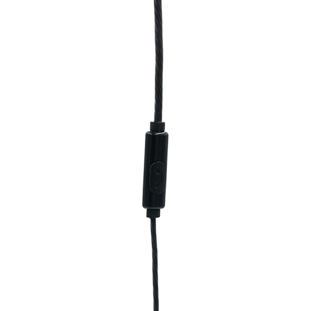 Black earphone with control button on a white background