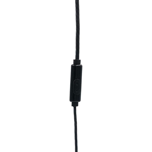 Black earphone with control button on a white background