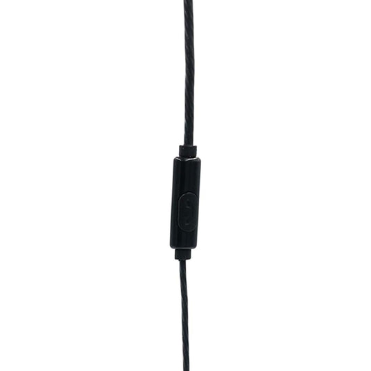 Black earphone with control button on a white background