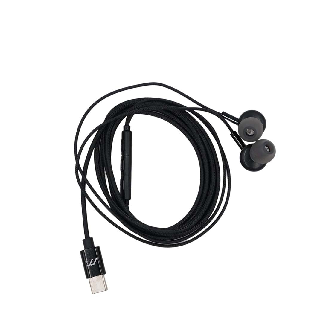 Black earbud headphones with USB C cable on a white background