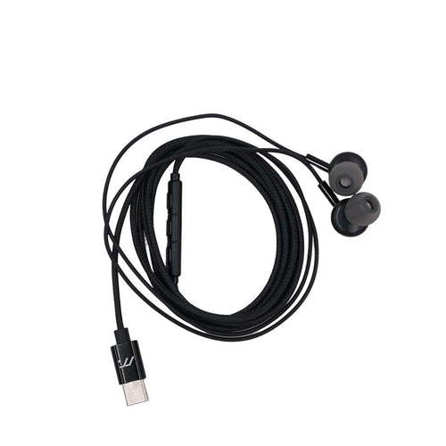 Black earbud headphones with USB C cable on a white background