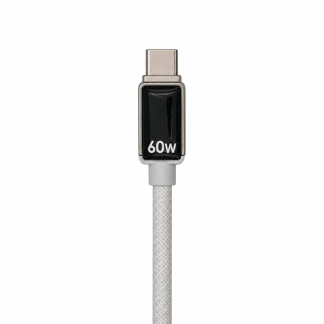 White charging cable with a metallic connector on a white background