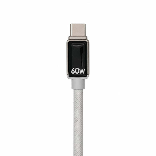 White charging cable with a metallic connector on a white background