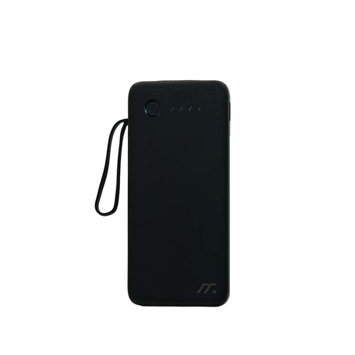 Black power bank with a strap on a white background