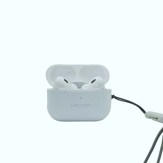 White wireless earbuds in charging case with 'MEVOR' branding on a white background