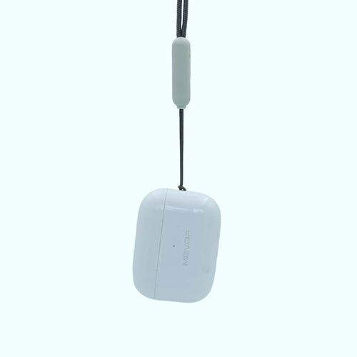 White bluetooth earbugs device with a strap on a white background