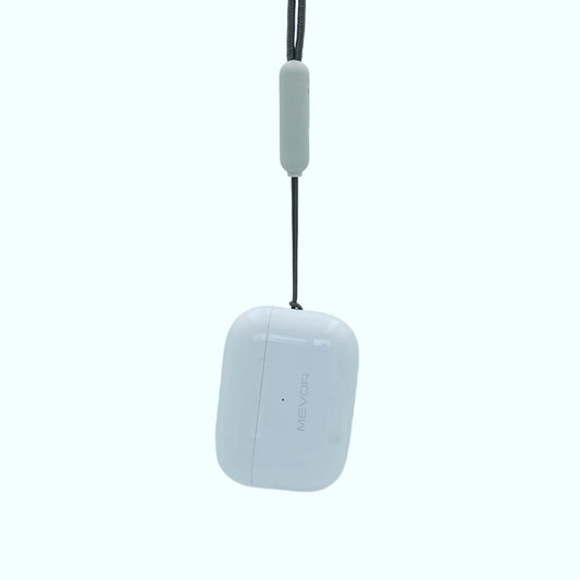 White bluetooth earbugs device with a strap on a white background
