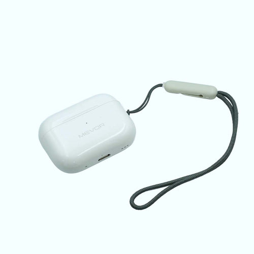 White bluetooth earbuds device with a black strap on a white background