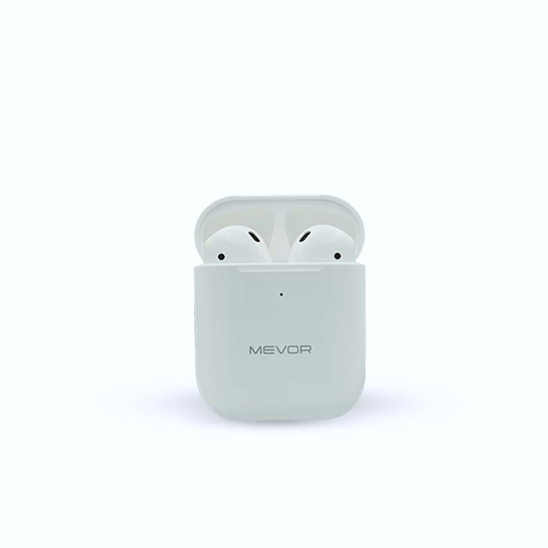 Wireless earbuds in a light gray case on a white background with 'MEVOR' branding.