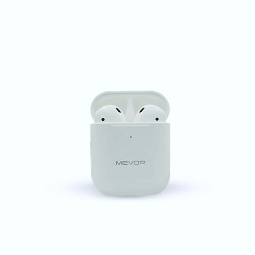 Wireless earbuds in a light gray case on a white background with 'MEVOR' branding.