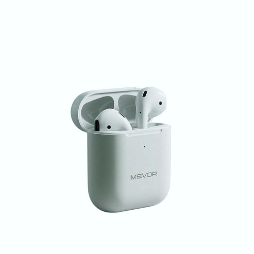 White wireless earbuds in a charging case on a white background with 'MEVOR' branding.
