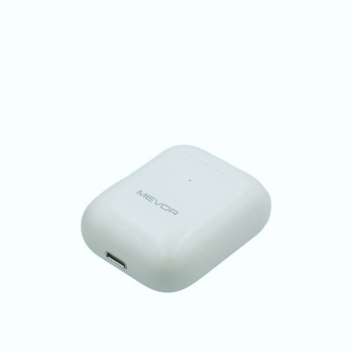 White bluetooth earbuds with 'MEVOR' branding on a white background