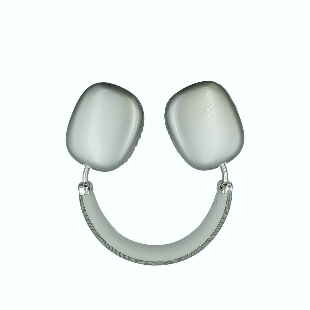 Silver overhead headphone with two rounded pads on a white background