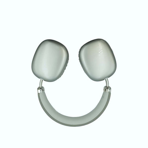 Silver overhead headphone with two rounded pads on a white background