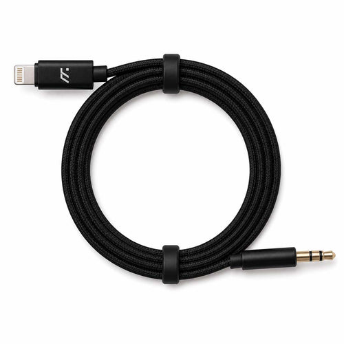 Black audio cable with Lightning and 3.5mm jack connectors on a white background