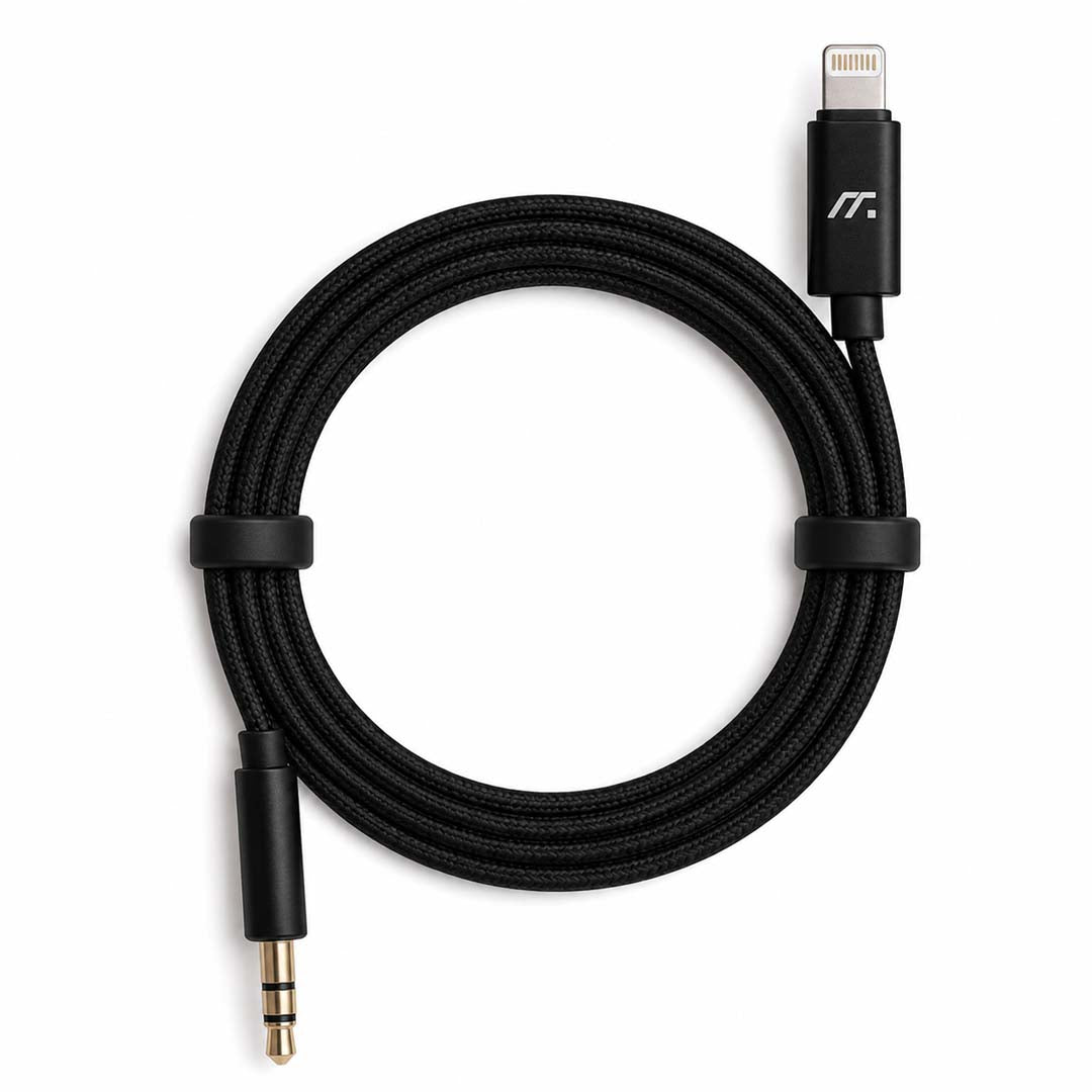 Black audio cable with Lightning and 3.5mm jack on a white background