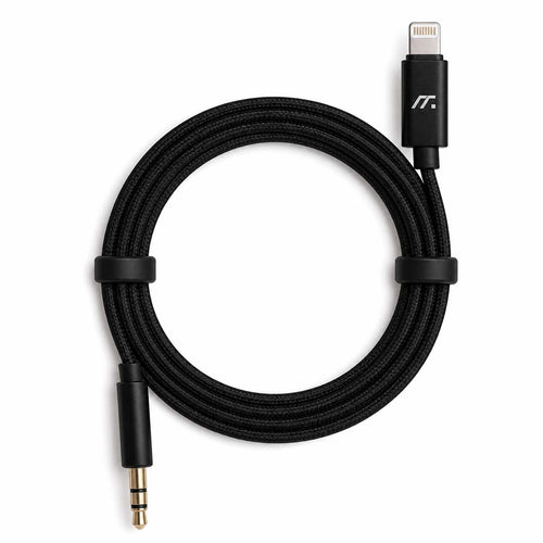 Black audio cable with Lightning and 3.5mm jack on a white background