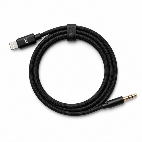 Black audio cable with Lightning and 3.5mm jack connectors on a white background