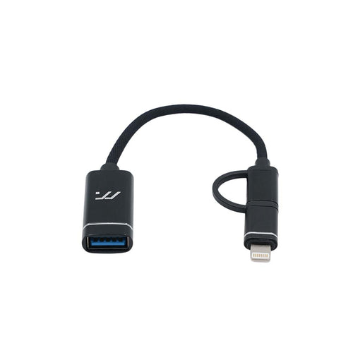 Black USB to Lightning adapter on a white background