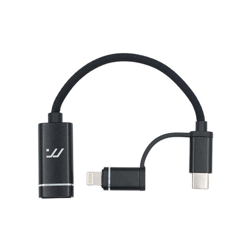 Multi-device charging cable adapter with USB-C, Lightning, and micro-USB connectors on a white background.