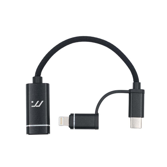 Multi-device charging cable adapter with USB-C, Lightning, and micro-USB connectors on a white background.